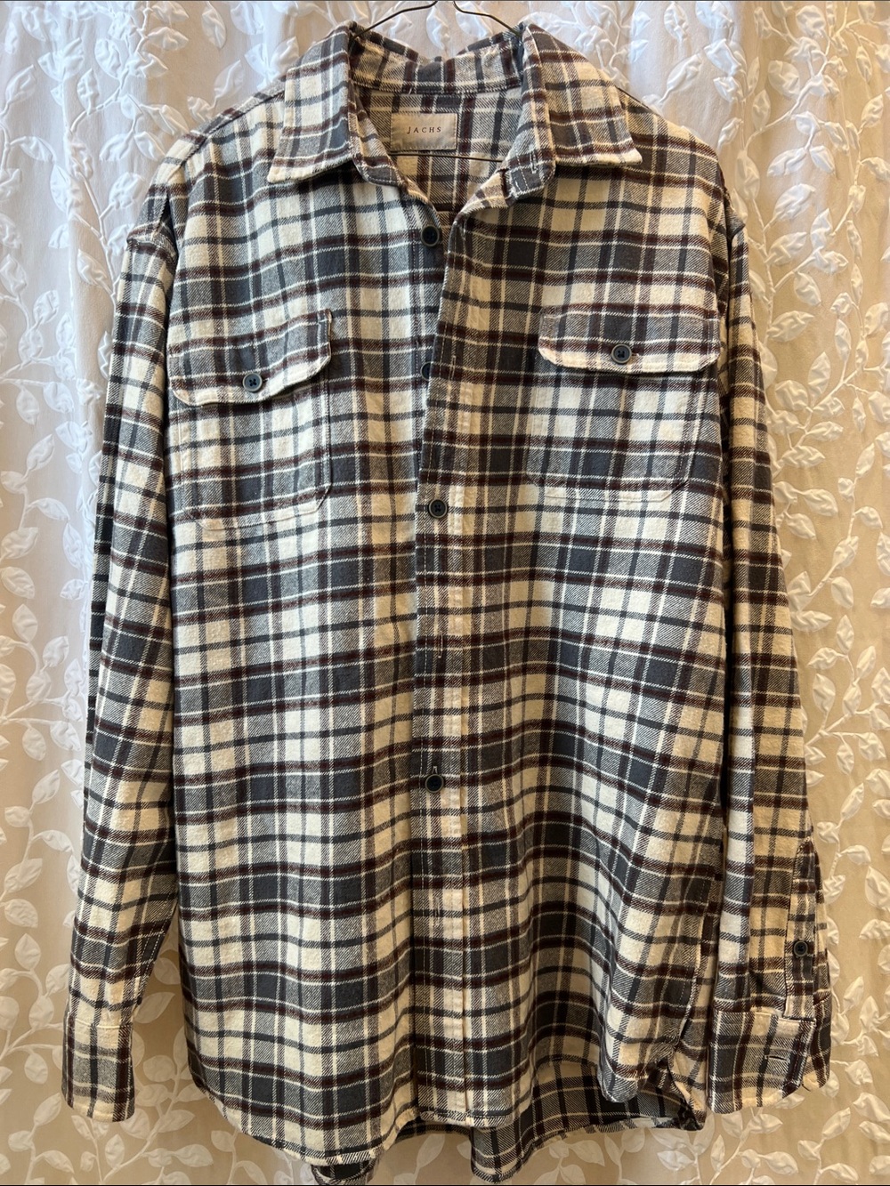 Jachs Men’s Large Cream Gray Grey Brown Plaid Button-Down Shirt nice